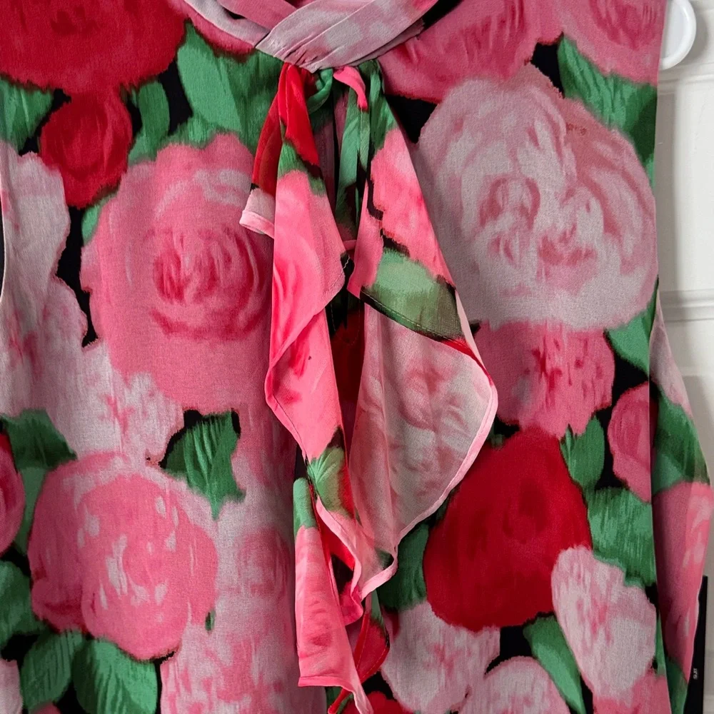 Karl Lagerfeld Sleeveless Floral Ruffle Tie-Neck Top - Pink, Red, Green, Black - Picture 2 of 7